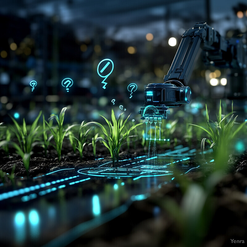 An image of an industrial setting with robotic arms and plants in the foreground.