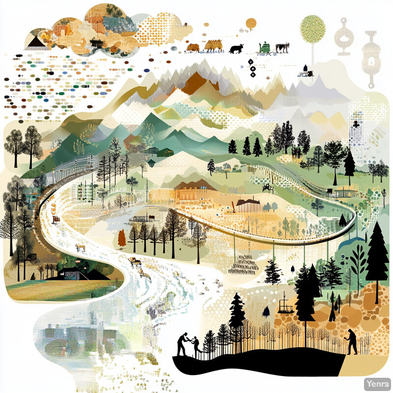 An abstract illustration of a winding road leading to a village nestled among mountains and trees.