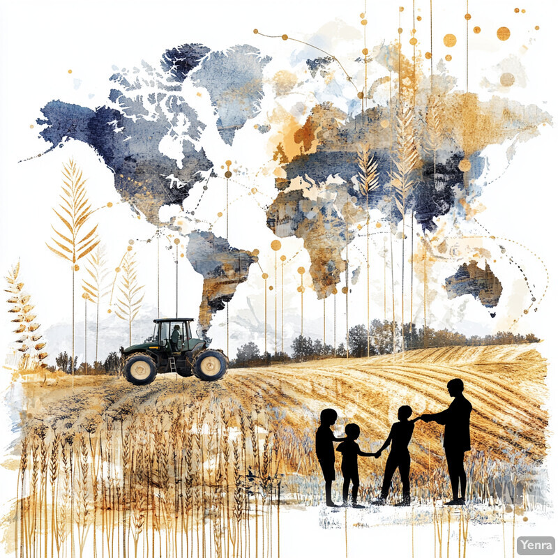 A world map with a tractor driving through a field of wheat, surrounded by children.