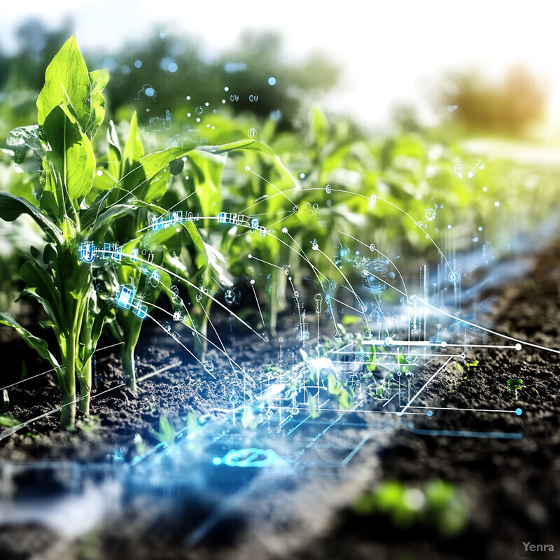 A field of corn plants with a futuristic overlay, suggesting an advanced irrigation system.