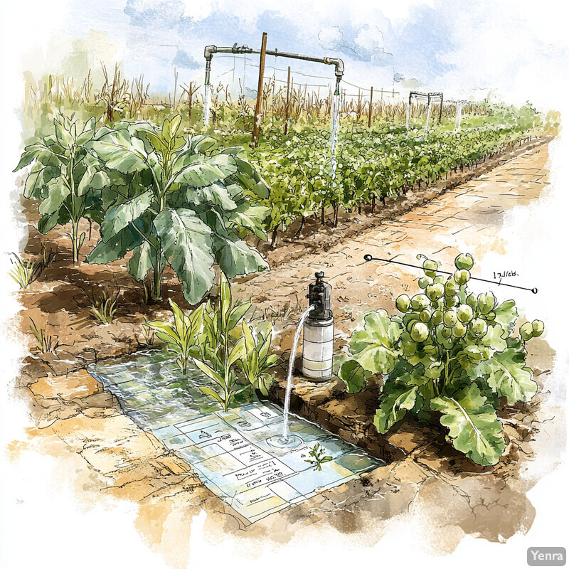 A farm with rows of plants and a water pump in the foreground.