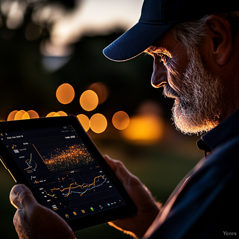 An older man examines a tablet with a graph on its screen.