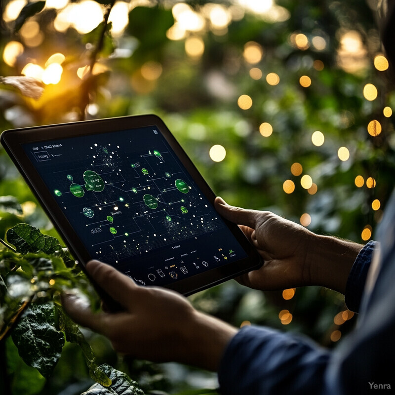 A person uses a tablet with a user-friendly interface for decision support tools in an outdoor setting surrounded by plants and trees.