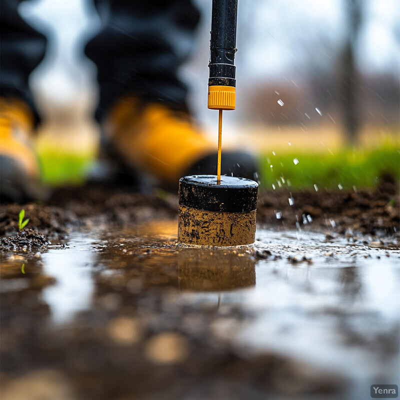 A person stands in a muddy area with boots on, holding an unknown object.