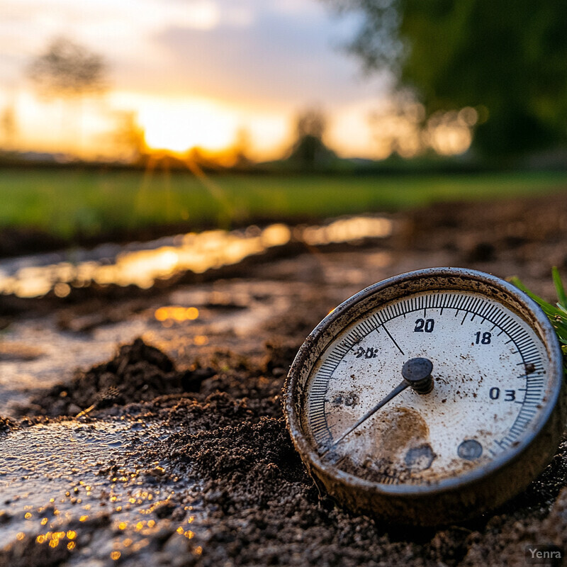 An old analog gauge partially buried in the ground.