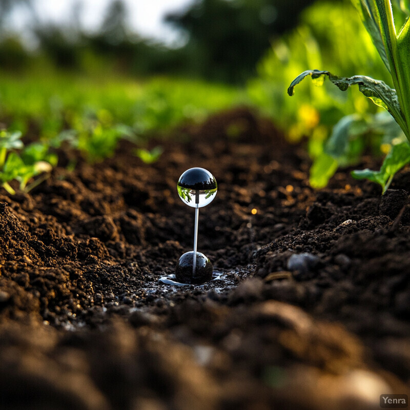 A small, shiny globe-like object sits on the ground in a lush outdoor setting.