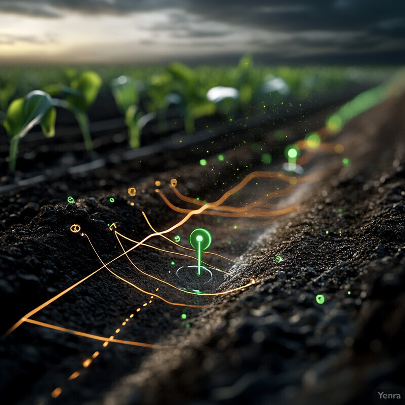 A futuristic representation of agricultural land with green lights and orange lines connected to circular holes in the ground.