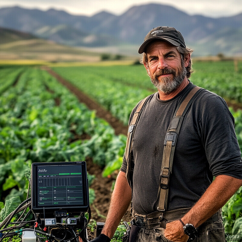 A man stands in a field of crops, using a device to monitor or adjust equipment.