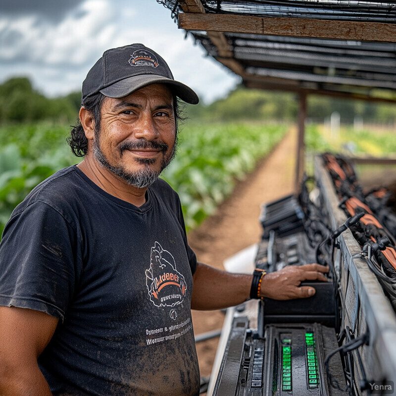 A man stands in a field of crops, holding a tablet and wearing a black t-shirt with an orange logo.