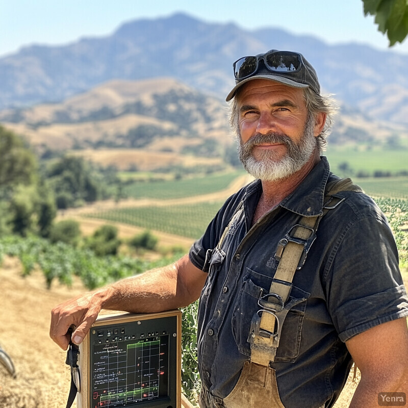 An older man stands in front of rolling hills and vineyards on a sunny day.