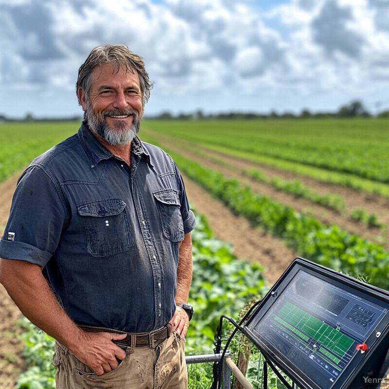 A man standing in front of a field with rows of green plants growing in it.