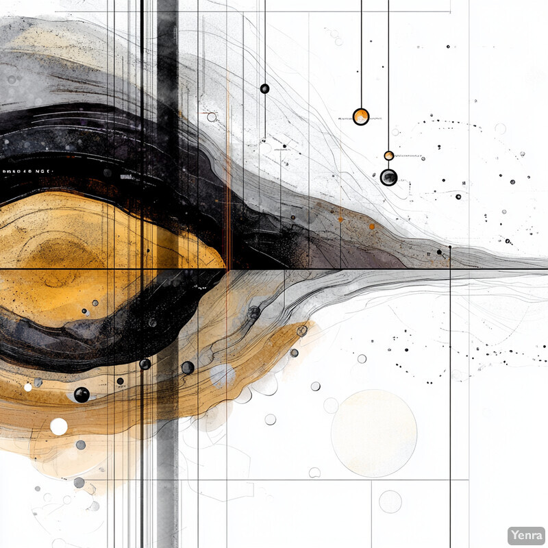 An abstract composition featuring a dynamic river/wave shape and smaller geometric shapes in shades of black, white, and brown.