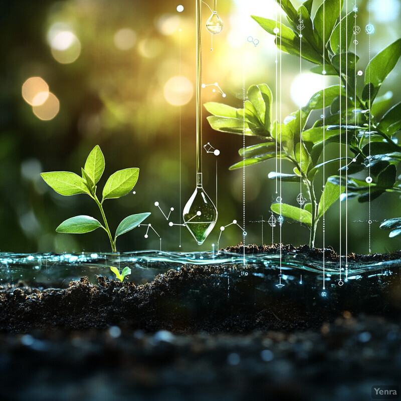 A serene scene of plants growing in soil, with water flowing through it.