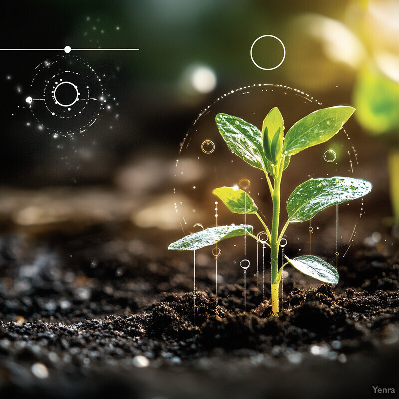 An illustration of a small plant sprouting from dark brown soil, surrounded by various white symbols and lines.