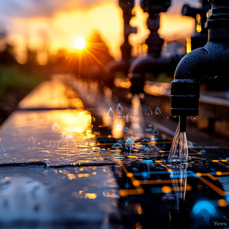 A row of water spigots with streams flowing from them into an unseen pool below at sunset.