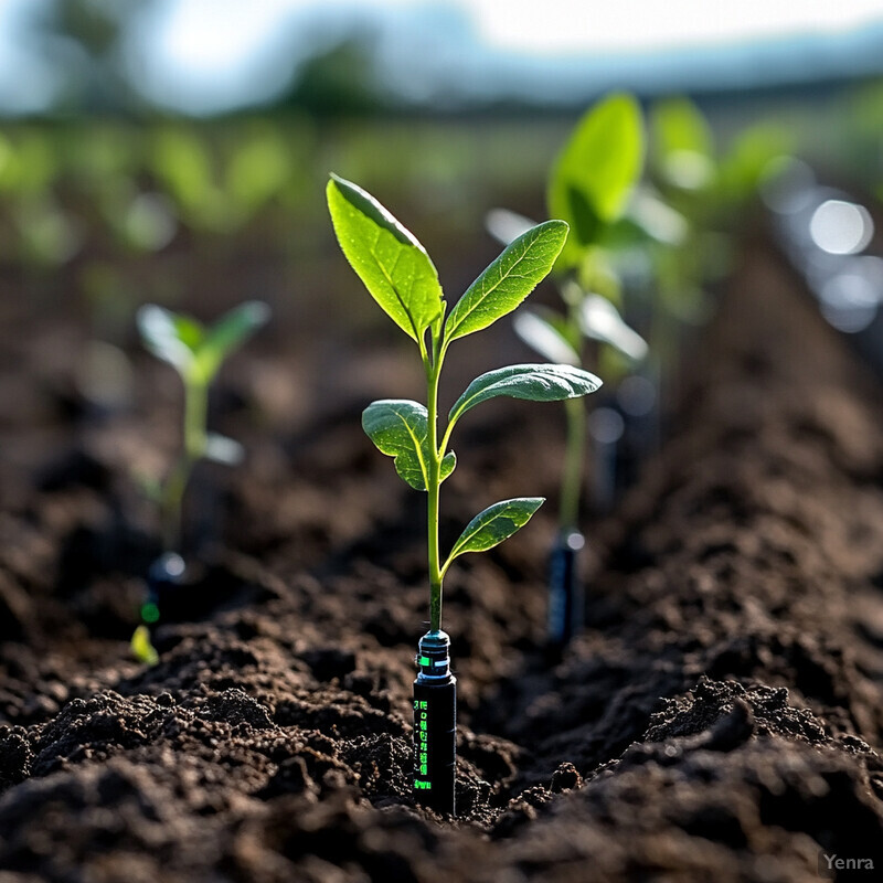 Young plants growing in the ground with sensors attached to their stems.