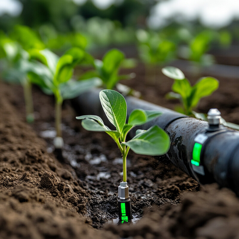 A row of young plants growing in a well-maintained agricultural setting, connected to small sensors for monitoring and controlling irrigation systems.