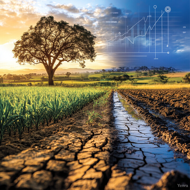 A landscape with a healthy green field and a dry, cracked earth area separated by a small stream.