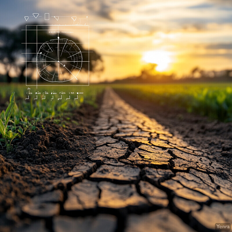 A landscape with cracked soil and green shoots emerging from it, set against an orange sky with clouds.