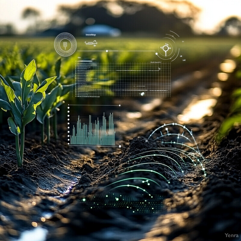 A field of corn plants with an overlay featuring graphs and charts related to predictive soil moisture modeling.