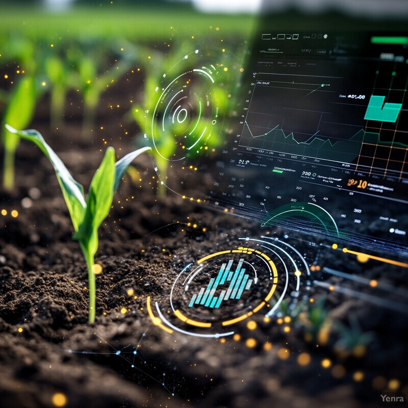 A field of young corn plants and a laptop displaying data visualizations.