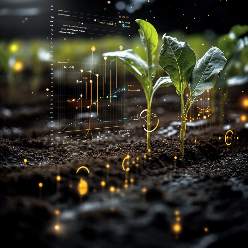 An abstract representation of predictive soil moisture modeling featuring graphs and charts overlaid on a field of plants.