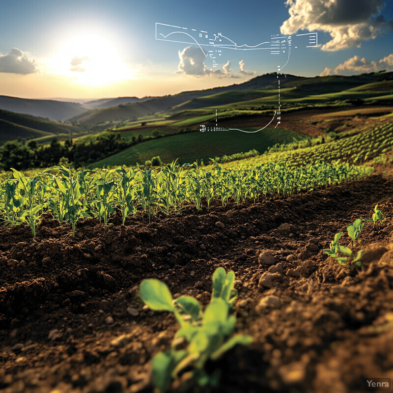 A serene landscape of rolling hills and fields with rows of crops growing in the foreground.