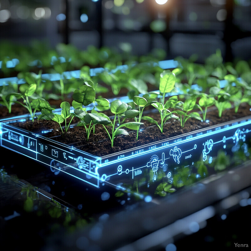 A futuristic greenhouse or indoor garden facility utilizing advanced technology for precision agriculture and sustainability.