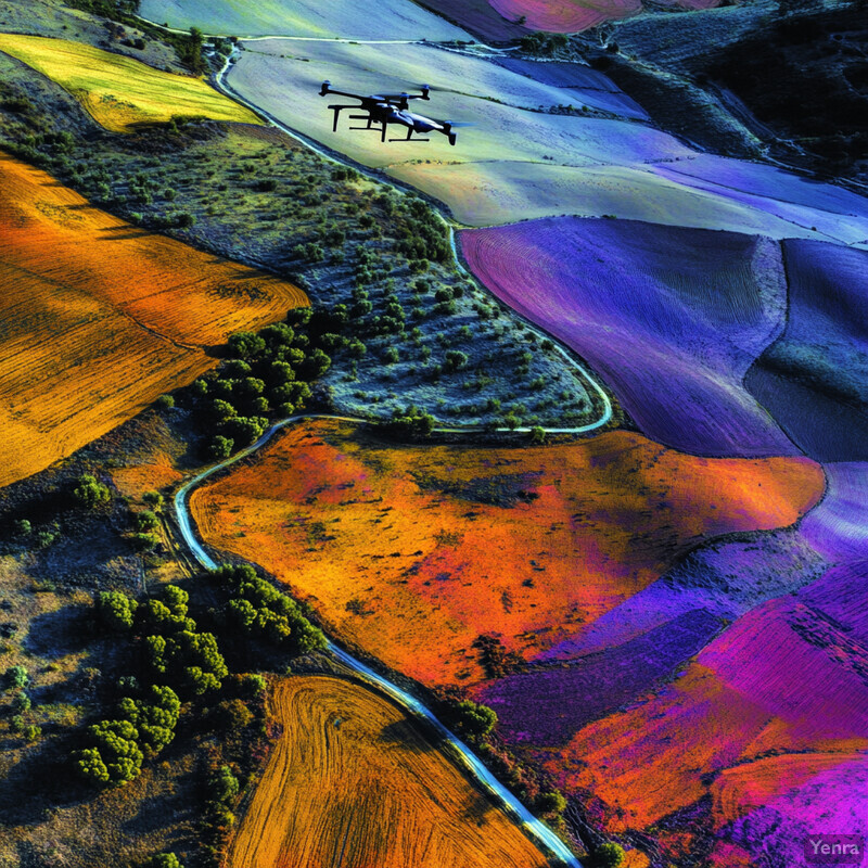 An aerial view of a rural landscape with diverse fields and roads, captured by a drone for remote sensing and satellite imagery analysis.