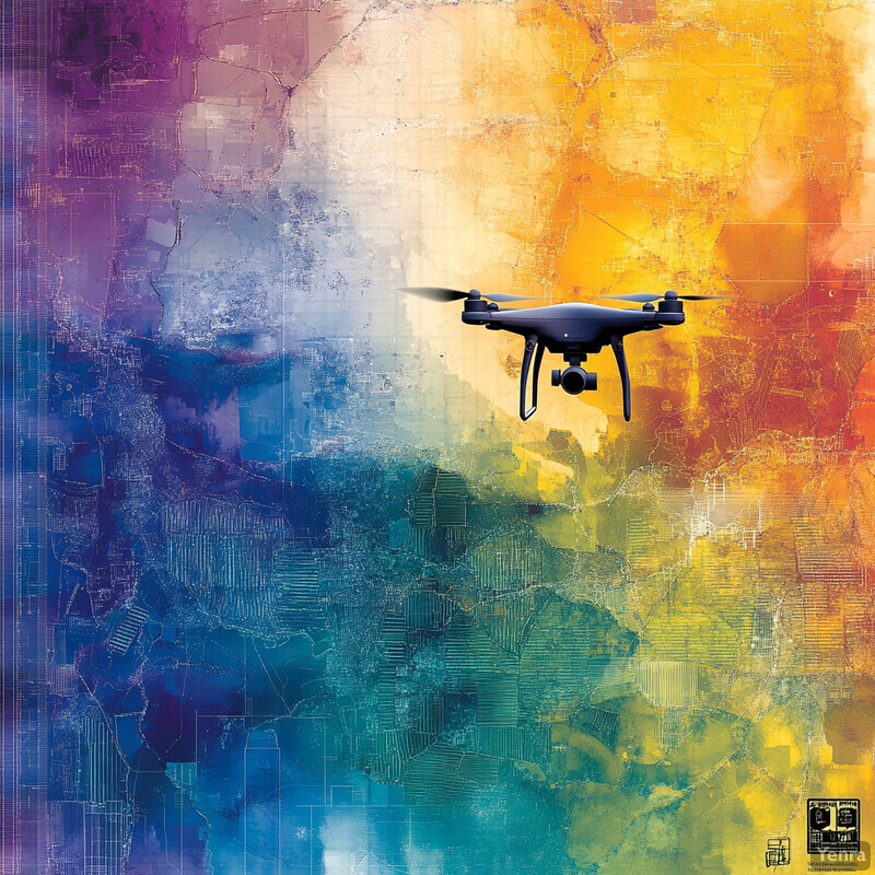 A quadcopter drone flies through an abstract background featuring a mix of blue, green, and yellow hues.