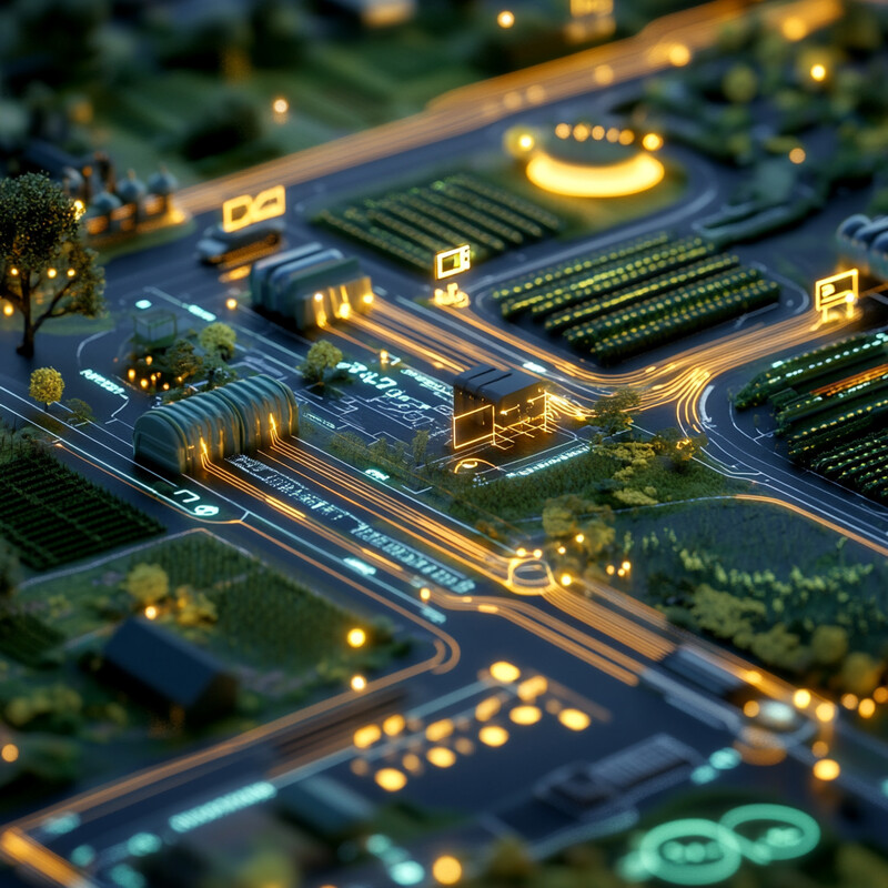 Aerial view of a cityscape at night, showcasing various buildings and streets illuminated by streetlights.