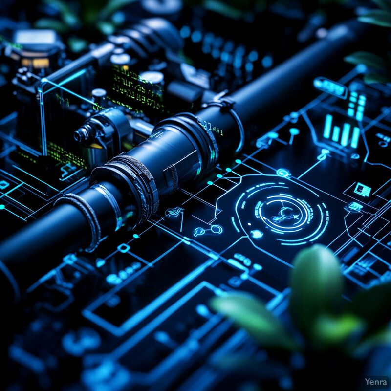 A futuristic visual representation of resource allocation and cost savings, featuring a complex network of interconnected lines and metallic pipes.