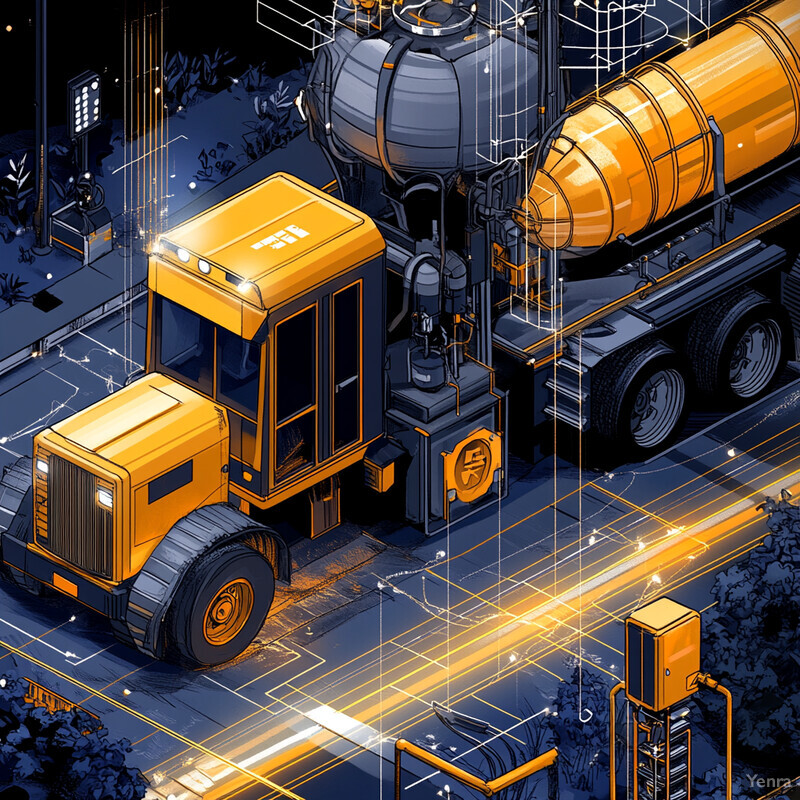 An isometric illustration of a yellow truck parked next to a large fuel tank, set against a dark blue background with white lines and symbols.