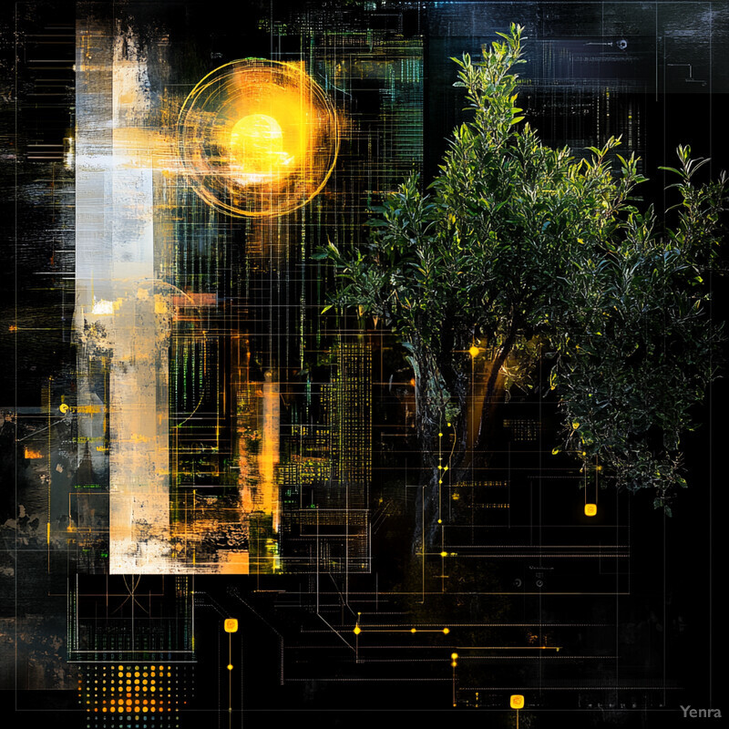 An olive tree in front of a black background with a circuit board-like pattern.