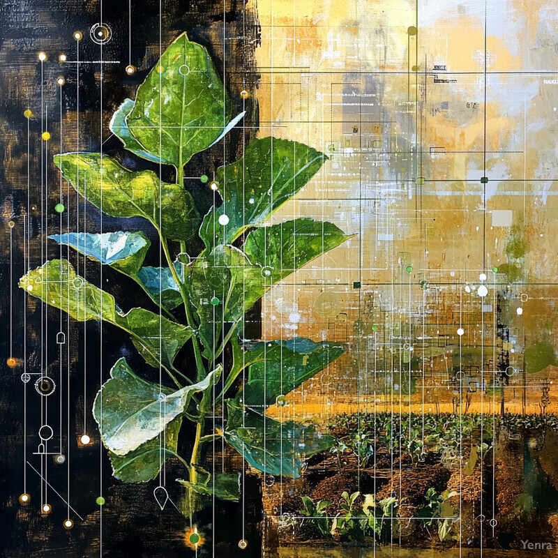 Abstract painting featuring a large green plant against a yellow and white backdrop.