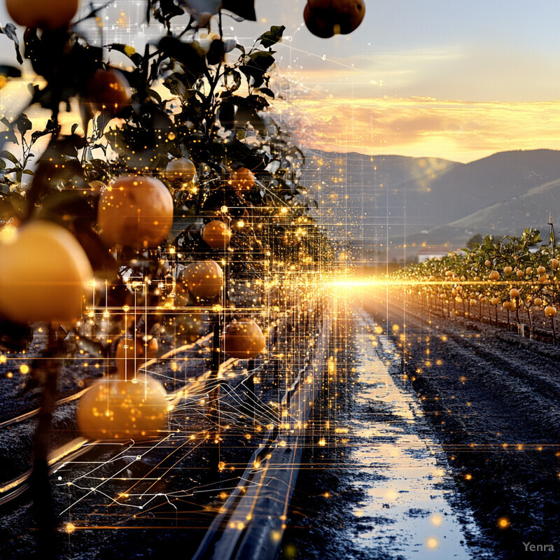 A serene photograph of an orange orchard at sunset.