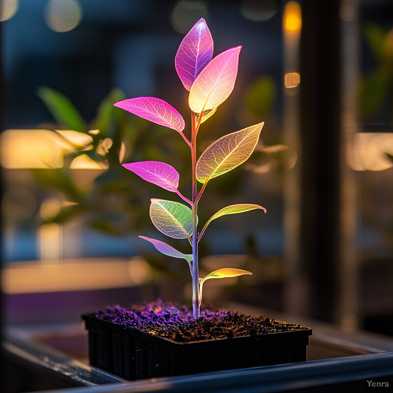 A small plant with green leaves in a black pot, illuminated by a bright light source.