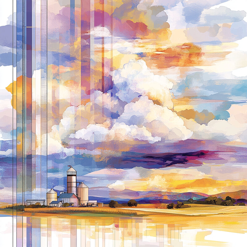 A peaceful landscape featuring a farm under a colorful sky with clouds and a large body of water.