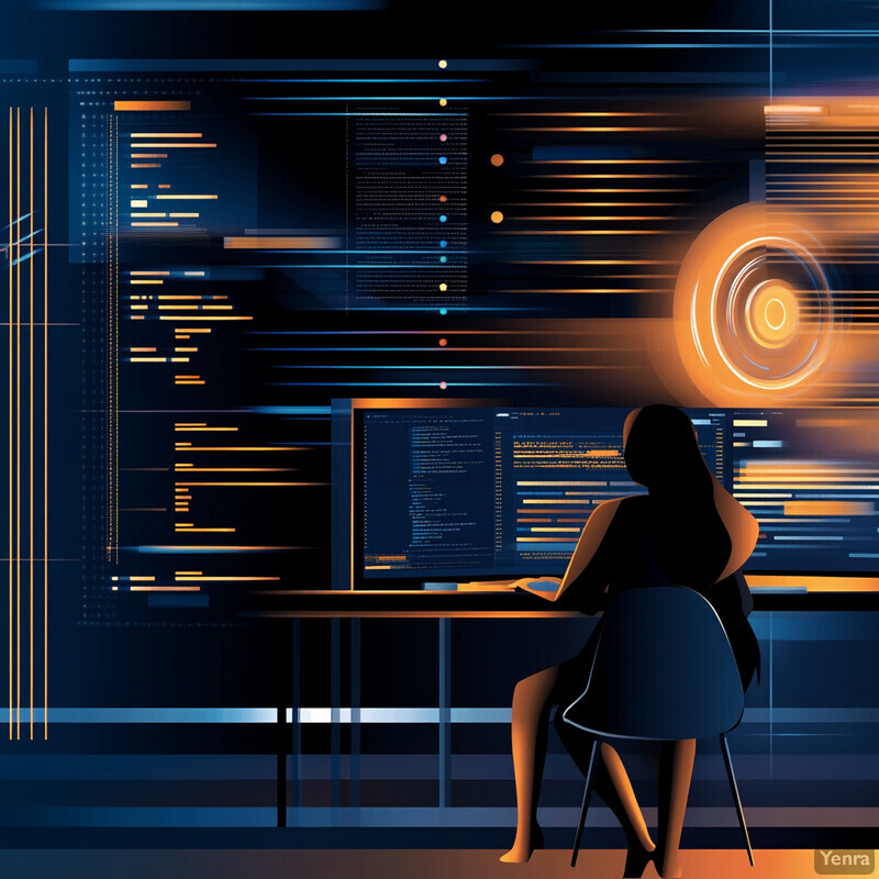 A woman sits at a desk in front of multiple computer screens displaying lines of code.