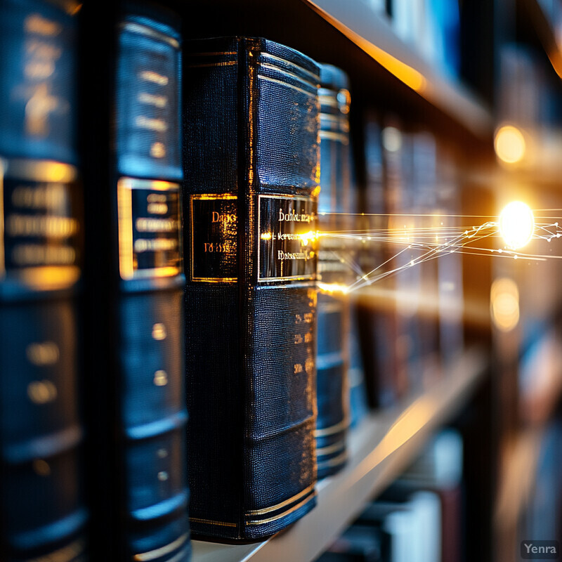 A collection of books on shelves with a prominent black leather-bound book in the foreground.