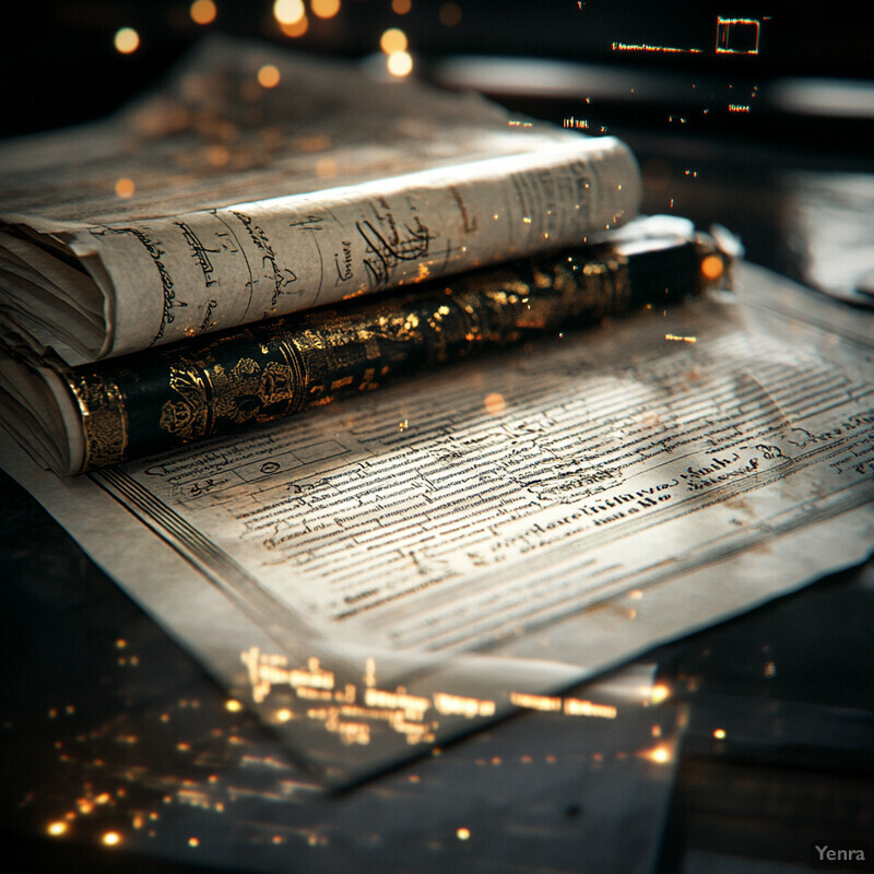 An old book with gold-embossed pages lies open on a table, accompanied by a quill pen and inkwell.