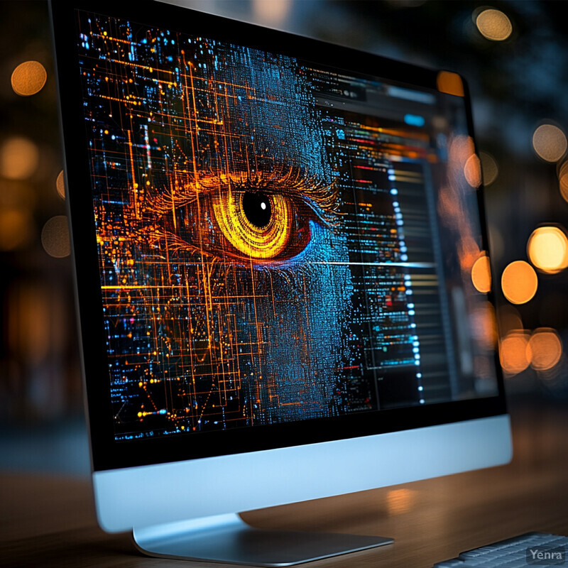 An eye on a computer screen with a black background and orange and blue lines.