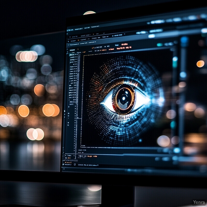 A computer monitor displays an eye with blue dots surrounding it, potentially representing biometric or facial recognition software.