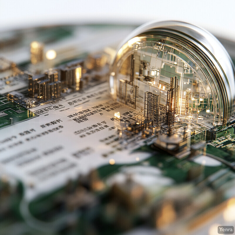 A close-up photograph of a computer chip or circuit board, featuring various metal components and wires.