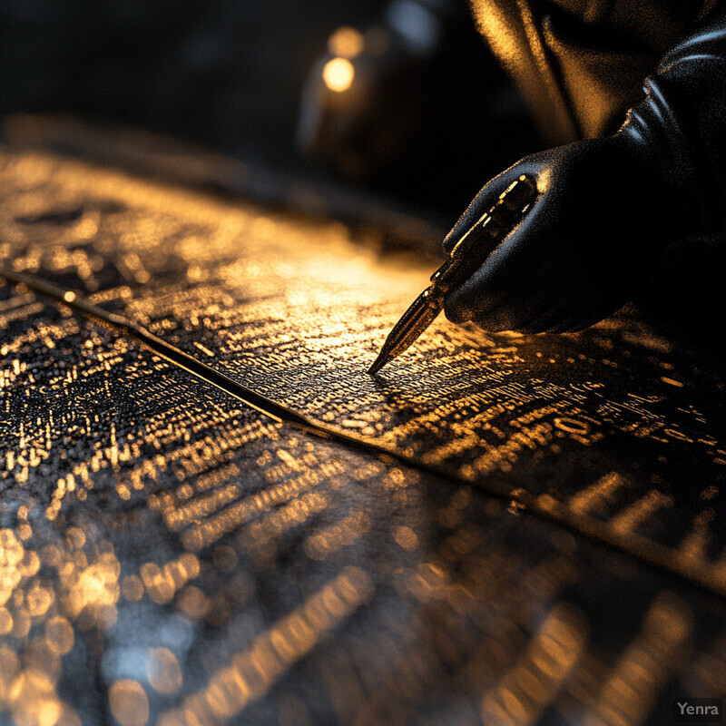 A person's hand holding a pen and writing on a document or paper, possibly engaged in clandestine activity.