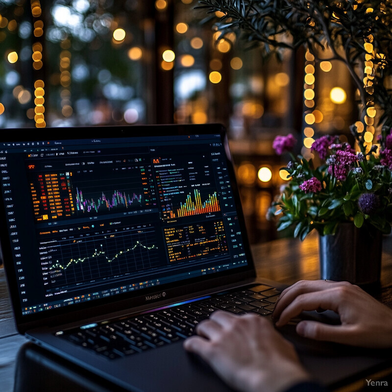 A person works on their laptop in a cozy indoor setting with string lights and flowers nearby.