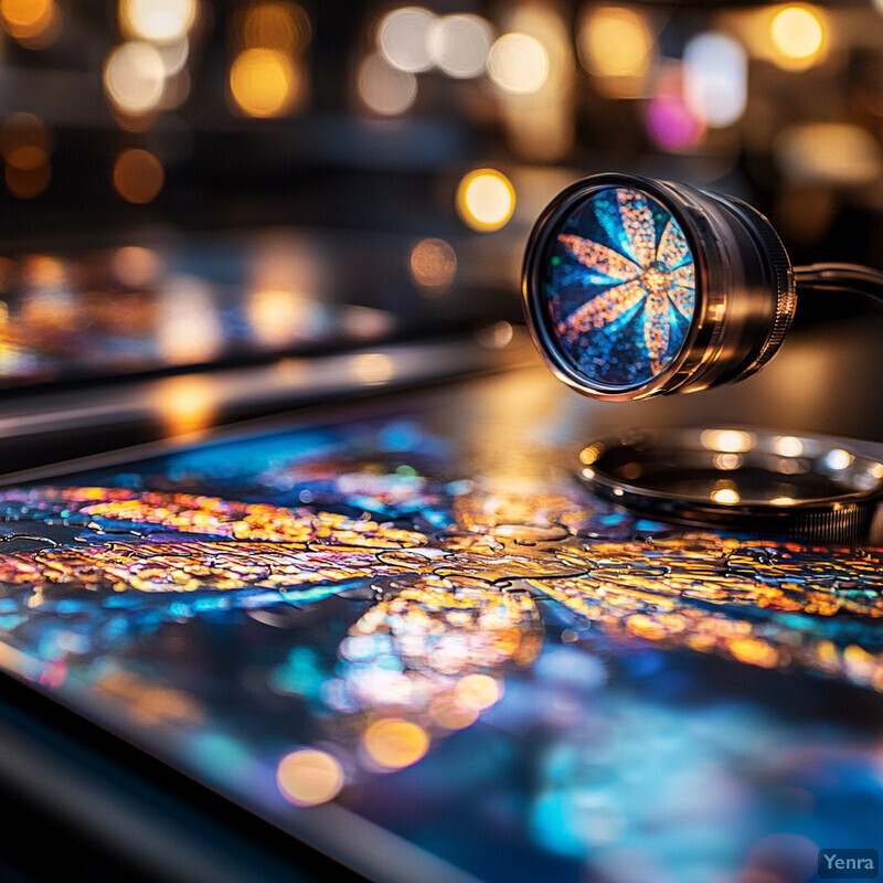 Close-up view of a circular object with a blue and yellow design on a table or shelf in an apartment or office setting.