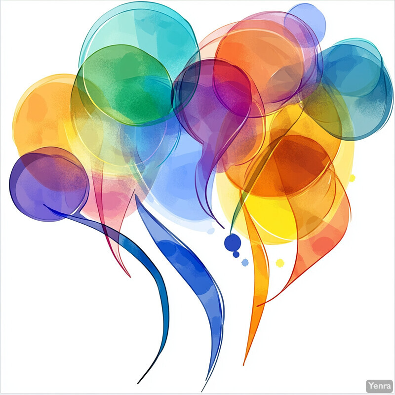 A colorful arrangement of semi-transparent balloons in various sizes and shapes.