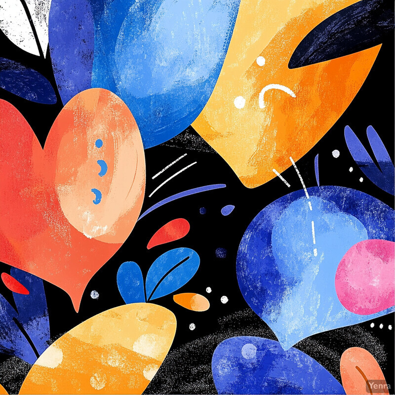 A vibrant abstract illustration featuring various shapes and objects in bright colors against a black background.