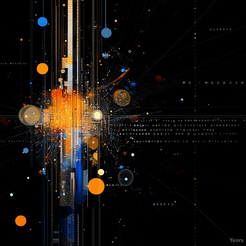 A complex visual representation of data, featuring a central cluster of orange dots surrounded by smaller blue dots and geometric shapes.